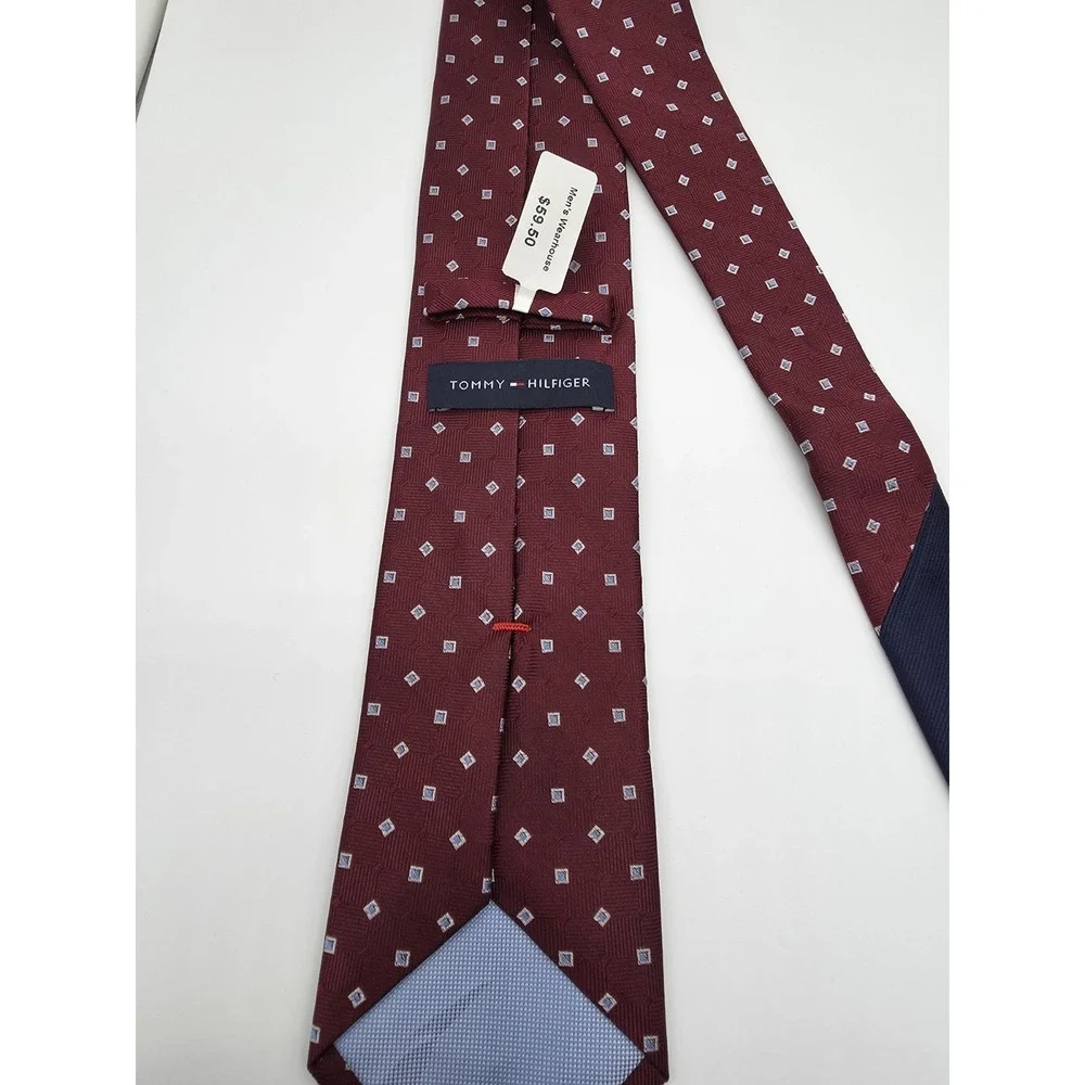 Tommy Hilfiger 100% Silk Geometric Crimson Blue Tie 57
